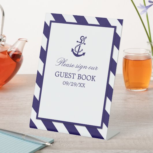 Nautical Stripes & Navy Blue Anchor Wedding Reclamebord Met Voetstuk (Insitu)