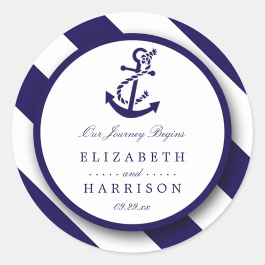Nautical Stripes & Navy Blue Anchor Wedding Ronde Sticker (Voorkant)