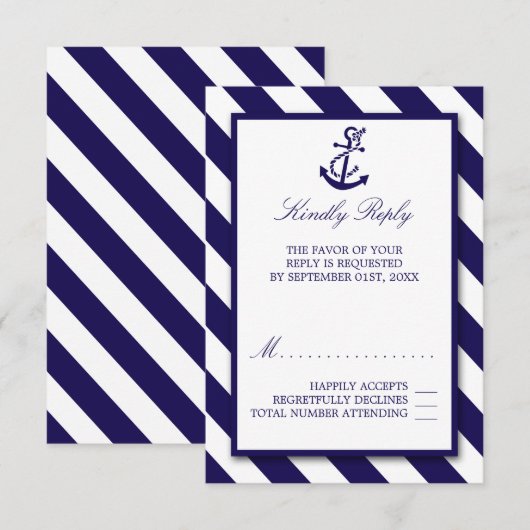 Nautical Stripes & Navy Blue Anchor Wedding RSVP Kaartje (Voorkant / Achterkant)