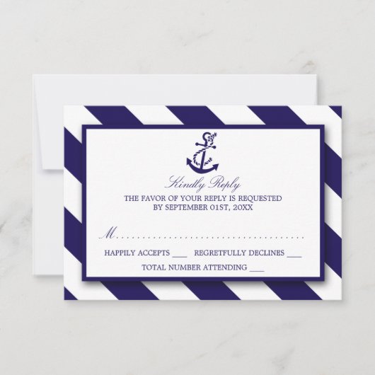 Nautical Stripes & Navy Blue Anchor Wedding RSVP Kaartje (Voorkant)