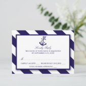 Nautical Stripes & Navy Blue Anchor Wedding RSVP Kaartje (Staand voorkant)
