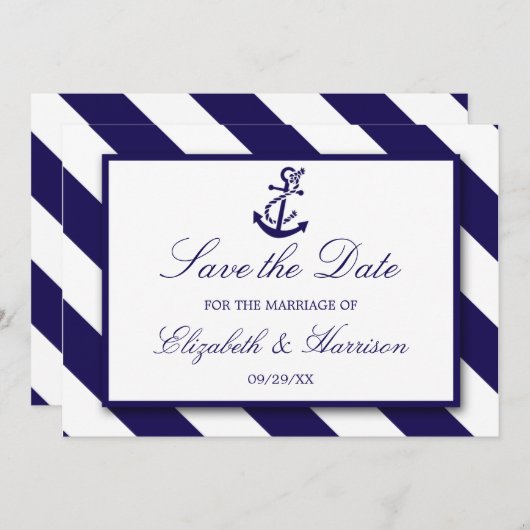 Nautical Stripes & Navy Blue Anchor Wedding Save The Date (Voorkant / Achterkant)