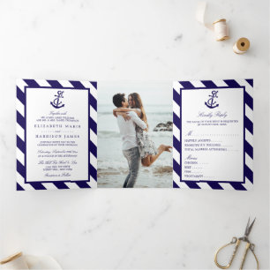 Nautical Stripes & Navy Blue Anker Wedding Suite Drieluik Uitnodiging