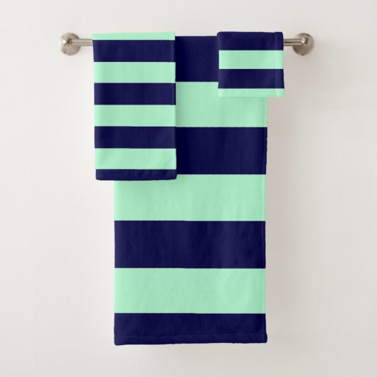 Nautical Stripes Navy Blue en Mint Green Bad Handdoek (Insitu)