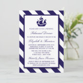 Nautical Stripes Navy Blue Ship Rehearsal Dinner Kaart (Staand voorkant)