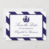 Nautical Stripes & Navy Blue Ship Save the Date (Voorkant)