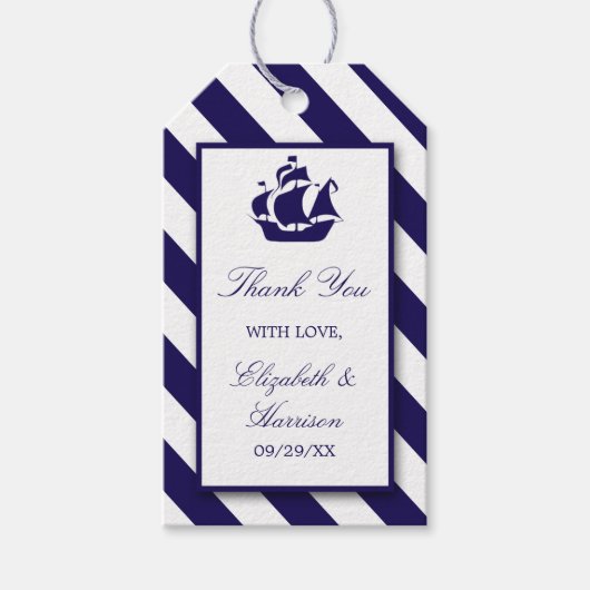 Nautical Stripes & Navy Blue Ship Wedding Cadeaulabel (Voorkant)