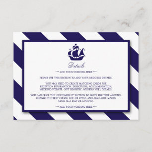 Nautical Stripes & Navy Blue Ship Wedding Detail Informatiekaartje