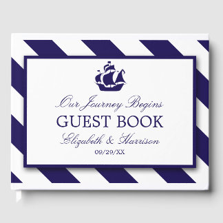 Nautical Stripes & Navy Blue Ship Wedding Gastenboek