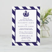 Nautical Stripes & Navy Blue Ship Wedding Kaart (Staand voorkant)
