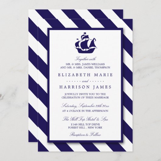 Nautical Stripes & Navy Blue Ship Wedding Kaart (Voorkant / Achterkant)