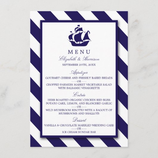 Nautical Stripes & Navy Blue Ship Wedding Menu (Voorkant)