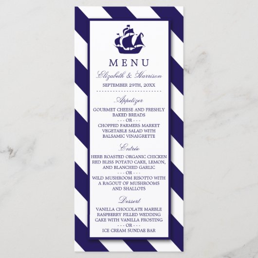 Nautical Stripes & Navy Blue Ship Wedding Menu (Voorkant)
