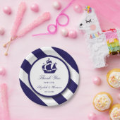 Nautical Stripes & Navy Blue Ship Wedding Papieren Bordje (Feest)