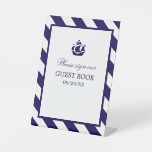 Nautical Stripes & Navy Blue Ship Wedding Reclamebord Met Voetstuk