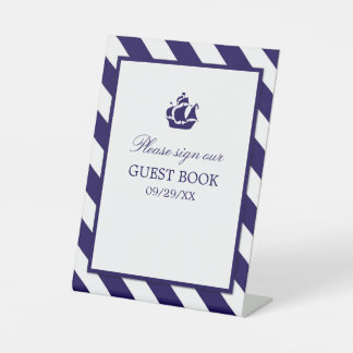 Nautical Stripes & Navy Blue Ship Wedding Reclamebord Met Voetstuk