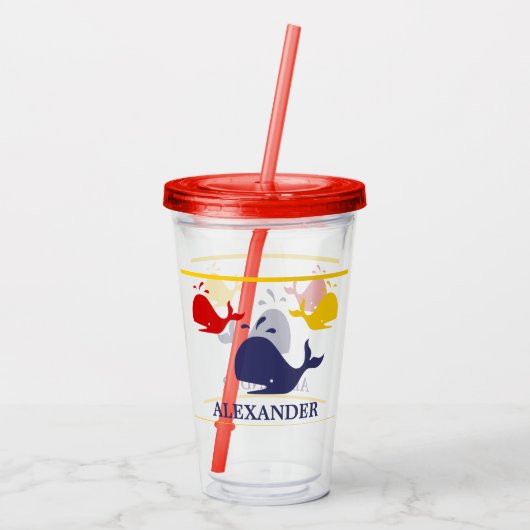 Nautical Stripes Navy Blue Yellow Red Whale White Acryl Drinkbeker (Achterkant)