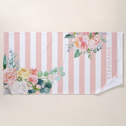 Nautical Stripes Waterverf Bloemen Roze Naam Strandlaken (Voorkant)