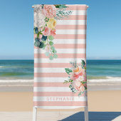 Nautical Stripes Waterverf Bloemen Roze Naam Strandlaken