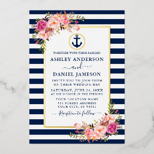 Nautical Stripes Waterverf Pink Floral Blue Gold Folie Uitnodiging