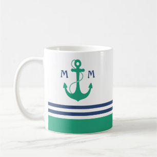 Nautical Stripes with Green Anchor Monogram Koffiemok