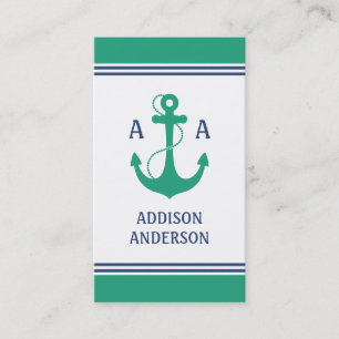 Nautical Stripes with Green Anchor Monogram Visitekaartje