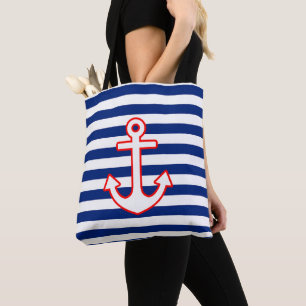 Nautical Style Anchor Icon on Stripes Draagtas