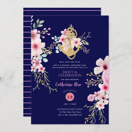 Nautical Sweet 16 Invitations Marine Blue Rose Flo (Devant / Derrière)
