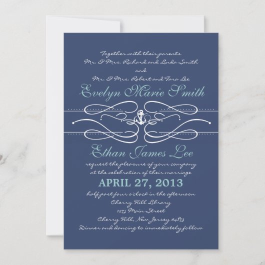 Nautical Swirl Wedding Invitation in Navy Kaart (Voorkant)