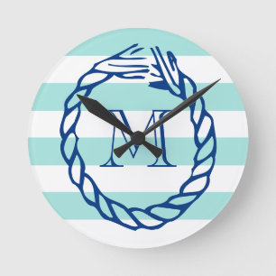 Nautical teal streep navyblauw touw monogram ronde klok