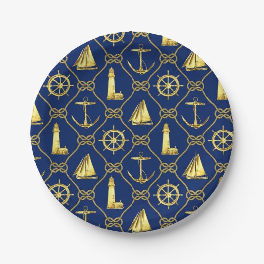 Nautical thema Navyblauw Gouden Anker Vuurtoren Papieren Bordje (Voorkant)