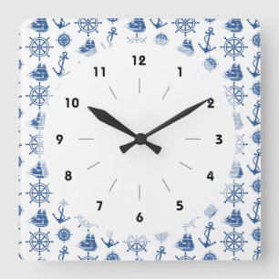 Nautical Theme Anchor Blue and White Vierkante Klok