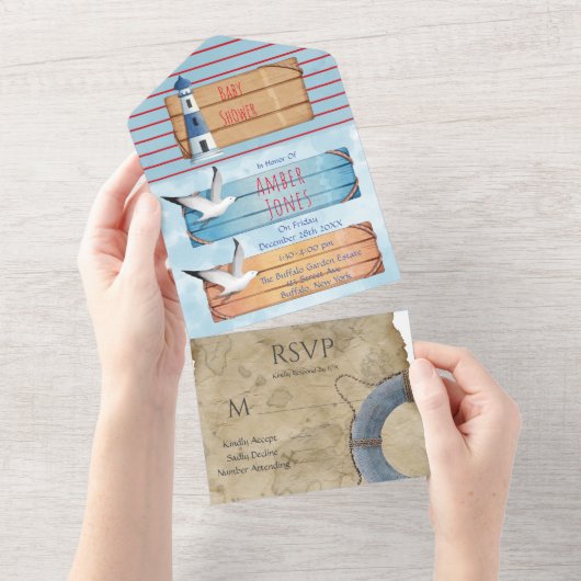 Nautical Theme Boy Baby shower All In One Uitnodiging (Afscheurbaar)