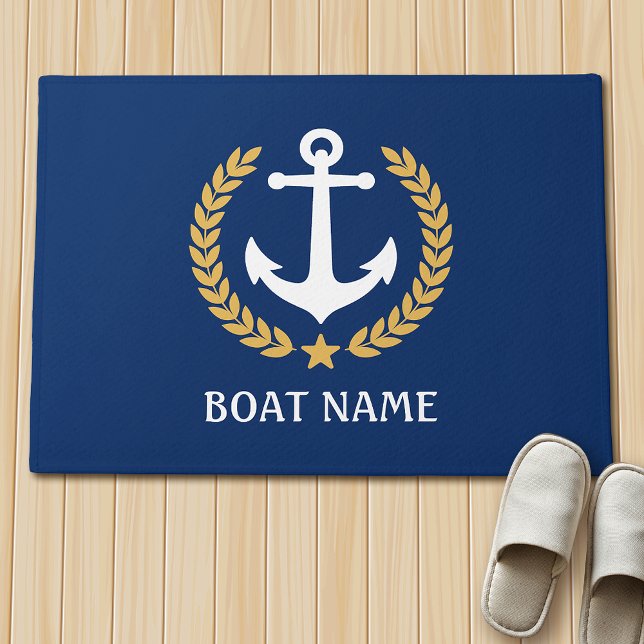 Nautical Thleat Name Anchor Gold Laurel Blue Deurmat (Several sizes to choose from.)
