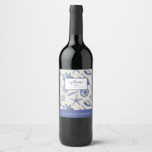 Nautical Thletic Blue Seashell Beverage Label Set Wijn Etiket