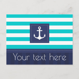 Nautical Turquoise Navy Blue Striped Anchor Custom Briefkaart