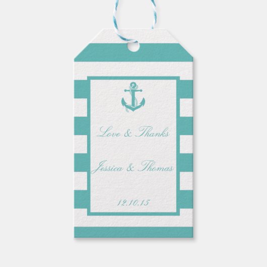 Nautical Turquoise Stripe Anchor Wedding Gift Labe Cadeaulabel (Voorkant)