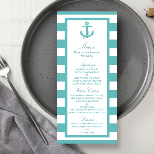 Nautical Turquoise Stripe Anchor Wedding Menu
