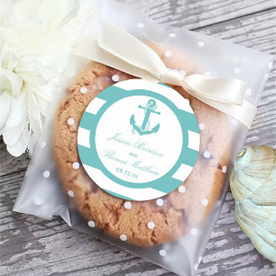 Nautical Turquoise Stripe Anchor Wedding Ronde Sticker