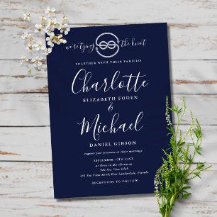 Nautical Tying the Knot Navy Blue Script Weduwen Kaart