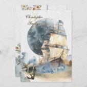 Nautical Waterverf Ship and Full Moon Wedding Kaart (Voorkant / Achterkant)