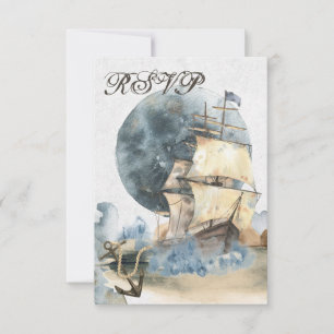 Nautical Waterverf Ship and Full Moon Wedding RSVP Kaartje