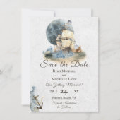 Nautical Waterverf Ship and Full Moon Wedding Save The Date (Voorkant)