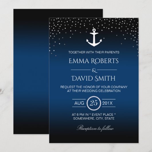 Nautical Wedding Anchor Confetti Stippen Navy Blue Kaart (Voorkant / Achterkant)