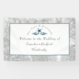Nautical Wedding Beach Seashell Rozen Grijs Blauw Spandoek