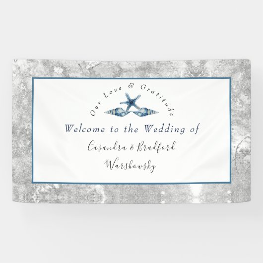 Nautical Wedding Beach Seashell Rozen Grijs Blauw Spandoek (Horizontaal)