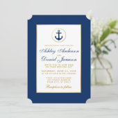 Nautical Wedding Blue Anchor Gold Invitation W Kaart (Staand voorkant)
