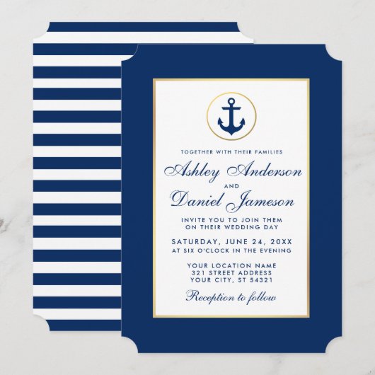 Nautical Wedding Blue Anchor Striped Uitnodiging (Voorkant / Achterkant)