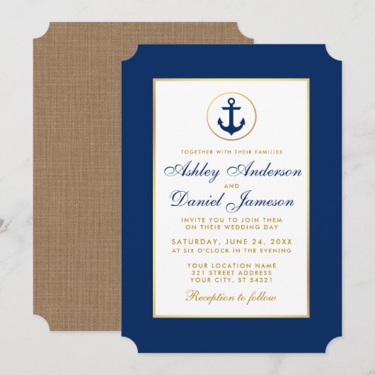 Nautical Wedding Blue and Gold Invitation B Kaart (Voorkant / Achterkant)