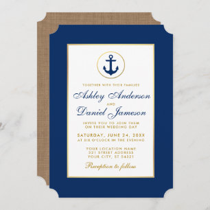 Nautical Wedding Blue and Gold Invitation B Kaart